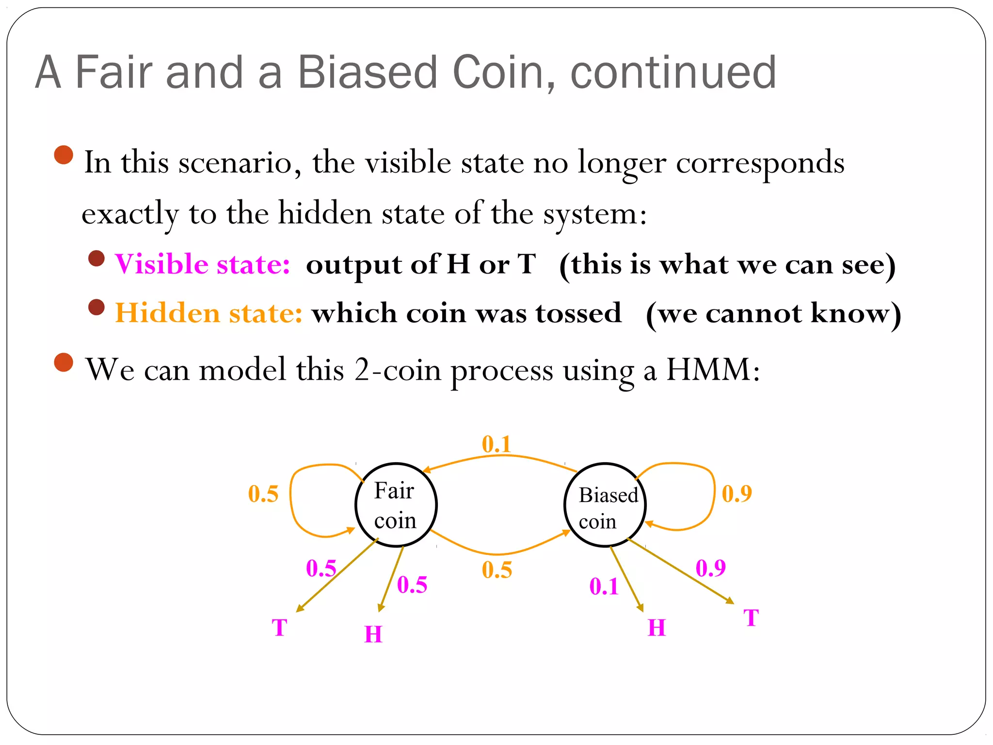A Fair and a Biased Coin, continued
In this scenario, the visible state no longer corresponds
  exactly to the hidden state of the system:
  Visible state: output of H or T (this is what we can see)
  Hidden state: which coin was tossed (we cannot know)

We can model this 2-coin process using a HMM:

                                    0.1

              0.5         Fair            Biased         0.9
                          coin            coin

                    0.5             0.5                0.9
                              0.5          0.1
                T                                  H         T
                          H
 