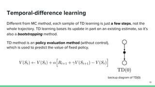 Different from MC method, each sample of TD learning is just a few steps, not the
whole trajectory. TD learning bases its update in part on an existing estimate, so it’s
also a bootstrapping method.
TD method is an policy evaluation method (without control),
which is used to predict the value of fixed policy.
Temporal-difference learning
10
backup diagram of TD(0)
 