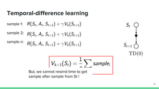 Temporal-difference learning
sample 1:
sample 2:
sample n:
17
But, we cannot rewind time to get
sample after sample from St !
 
