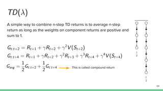 A simple way to combine n-step TD returns is to average n-step
return as long as the weights on component returns are positive and
sum to 1.
64
This is called compound return
 