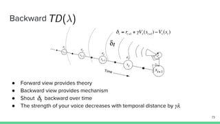 Backward
● Forward view provides theory
● Backward view provides mechanism
● Shout backward over time
● The strength of your voice decreases with temporal distance by
73
 