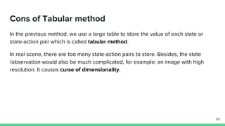 Cons of Tabular method
In the previous method, we use a large table to store the value of each state or
state-action pair which is called tabular method.
In real scene, there are too many state-action pairs to store. Besides, the state
/observation would also be much complicated, for example: an image with high
resolution. It causes curse of dimensionality.
85
 