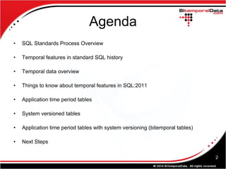 Agenda
•   SQL Standards Process Overview

•   Temporal features in standard SQL history

•   Temporal data overview

•   Things to know about temporal features in SQL:2011

•   Application time period tables

•   System versioned tables

•   Application time period tables with system versioning (bitemporal tables)

•   Next Steps

                                                                                2
 