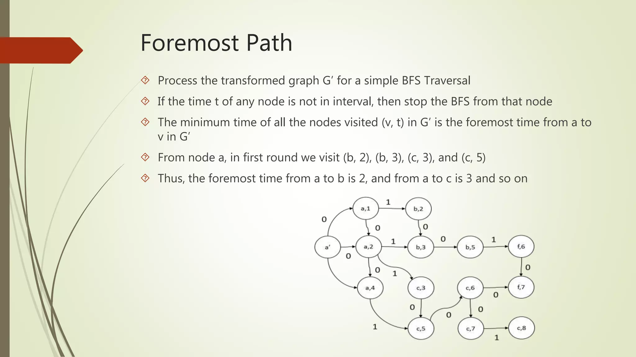 Foremost Path 
 Process the transformed graph G’ for a simple BFS Traversal 
 If the time t of any node is not in interval, then stop the BFS from that node 
 The minimum time of all the nodes visited (v, t) in G’ is the foremost time from a to 
v in G’ 
 From node a, in first round we visit (b, 2), (b, 3), (c, 3), and (c, 5) 
 Thus, the foremost time from a to b is 2, and from a to c is 3 and so on 
 