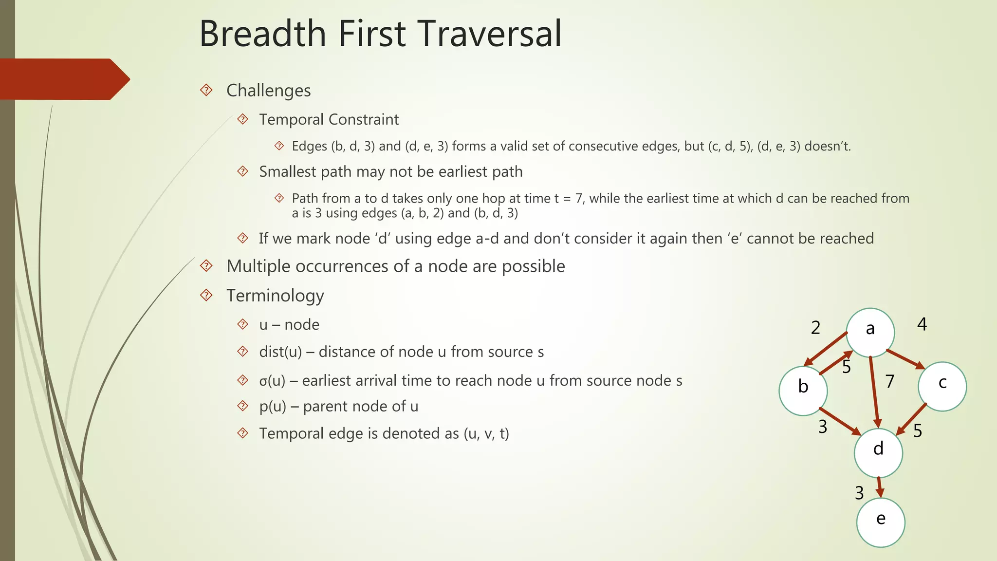 Breadth First Traversal 
 Challenges 
 Temporal Constraint 
 Edges (b, d, 3) and (d, e, 3) forms a valid set of consecutive edges, but (c, d, 5), (d, e, 3) doesn’t. 
 Smallest path may not be earliest path 
 Path from a to d takes only one hop at time t = 7, while the earliest time at which d can be reached from 
a is 3 using edges (a, b, 2) and (b, d, 3) 
 If we mark node ‘d’ using edge a-d and don’t consider it again then ‘e’ cannot be reached 
 Multiple occurrences of a node are possible 
 Terminology 
 u – node 
 dist(u) – distance of node u from source s 
 σ(u) – earliest arrival time to reach node u from source node s 
 p(u) – parent node of u 
 Temporal edge is denoted as (u, v, t) 
a 
b c 
d 
e 
2 
5 
4 
7 
3 5 
3 
 