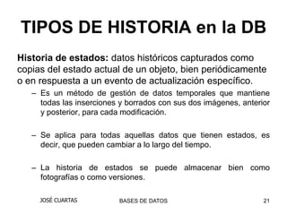 TIPOS DE HISTORIA en la DB
Historia de estados: datos históricos capturados como
copias del estado actual de un objeto, bien periódicamente
o en respuesta a un evento de actualización específico.
   – Es un método de gestión de datos temporales que mantiene
     todas las inserciones y borrados con sus dos imágenes, anterior
     y posterior, para cada modificación.

   – Se aplica para todas aquellas datos que tienen estados, es
     decir, que pueden cambiar a lo largo del tiempo.

   – La historia de estados se puede almacenar bien como
     fotografías o como versiones.

     JOSÉ CUARTAS         BASES DE DATOS                          21
 