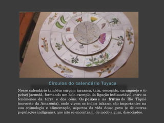 Círculos do calendário Tuyuca
Nesse calendário também surgem jararaca, tatu, escorpião, caranguejo e (o
peixe) jacundá, formando um belo exemplo da ligação indissociável entre os
fenômenos da terra e dos céus. Os peixes e as frutas do Rio Tiquié
(noroeste da Amazônia), onde vivem os índios tukano, são importantes na
sua cosmologia e alimentação, aspectos da vida desse povo (e de outras
populações indígenas), que não se encontram, de modo algum, dissociados.
 