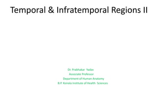Temporal & Infratemporal Regions II
Dr. Prabhakar Yadav
Associate Professor
Department of Human Anatomy
B.P. Koirala Institute of Health Sciences
 