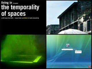 living in            (3 tracks)



the temporality
of spaces
a shift away from earth — toward ether and IDEALS of media domesticity
 
