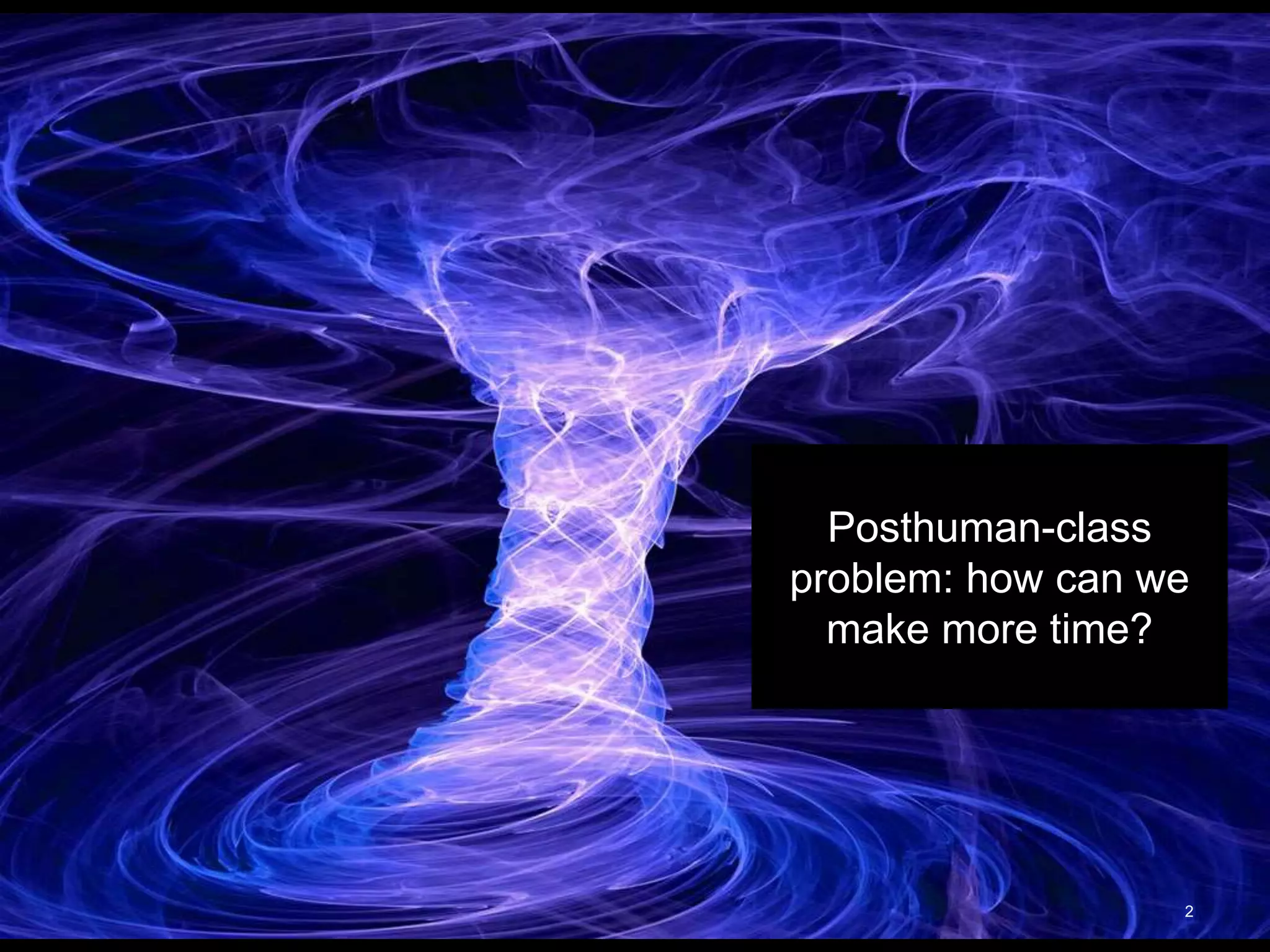 April 22, 2016
Temporality of the Future 2
Posthuman-class
problem: how can we
make more time?
 