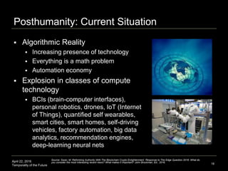 April 22, 2016
Temporality of the Future
Posthumanity: Current Situation
 Algorithmic Reality
 Increasing presence of technology
 Everything is a math problem
 Automation economy
 Explosion in classes of compute
technology
 BCIs (brain-computer interfaces),
personal robotics, drones, IoT (Internet
of Things), quantified self wearables,
smart cities, smart homes, self-driving
vehicles, factory automation, big data
analytics, recommendation engines,
deep-learning neural nets
18
Source: Swan, M. Rethinking Authority With The Blockchain Crypto Enlightenment. Response to The Edge Question 2016: What do
you consider the most interesting recent news? What makes it important? John Brockman, Ed., 2016.
 