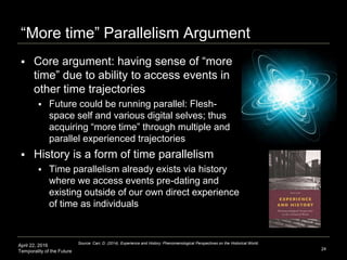 April 22, 2016
Temporality of the Future
“More time” Parallelism Argument
 Core argument: having sense of “more
time” due to ability to access events in
other time trajectories
 Future could be running parallel: Flesh-
space self and various digital selves; thus
acquiring “more time” through multiple and
parallel experienced trajectories
 History is a form of time parallelism
 Time parallelism already exists via history
where we access events pre-dating and
existing outside of our own direct experience
of time as individuals
24
Source: Carr, D. (2014). Experience and History: Phenomenological Perspectives on the Historical World.
 