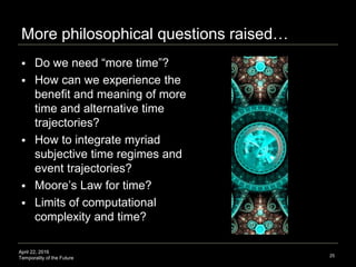 April 22, 2016
Temporality of the Future
More philosophical questions raised…
 Do we need “more time”?
 How can we experience the
benefit and meaning of more
time and alternative time
trajectories?
 How to integrate myriad
subjective time regimes and
event trajectories?
 Moore’s Law for time?
 Limits of computational
complexity and time?
25
 
