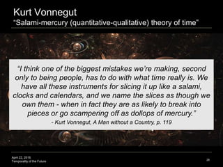 April 22, 2016
Temporality of the Future
Kurt Vonnegut
“Salami-mercury (quantitative-qualitative) theory of time”
28
“I think one of the biggest mistakes we’re making, second
only to being people, has to do with what time really is. We
have all these instruments for slicing it up like a salami,
clocks and calendars, and we name the slices as though we
own them - when in fact they are as likely to break into
pieces or go scampering off as dollops of mercury.”
- Kurt Vonnegut, A Man without a Country, p. 119
 