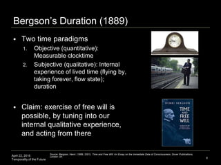 April 22, 2016
Temporality of the Future
Bergson’s Duration (1889)
 Two time paradigms
1. Objective (quantitative):
Measurable clocktime
2. Subjective (qualitative): Internal
experience of lived time (flying by,
taking forever, flow state);
duration
 Claim: exercise of free will is
possible, by tuning into our
internal qualitative experience,
and acting from there
8
Source: Bergson, Henri. (1889, 2001). Time and Free Will: An Essay on the Immediate Data of Consciousness. Dover Publications,
London UK.
 