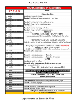 Curso Académico 2013-2014

TEMPORALIZACIÓN 2º EVALUACIÓN
ENERO

2º E.S.O

Educación física

SEMANA 8-10 ENERO
1º sesión
2º sesión

BASEBALL: Iniciación al juego.

Baseball: Iniciación al pase, recepciones y carreras.

SEMANA 13-17 ENERO
3º sesión.

Baseball: Iniciación al bateo y a las carreras.
Baseball: Juego real en pequeños grupos.

4º sesión.

Lunes sin clase

SEMANA 20-24 ENERO
5º sesión.

Baseball: Iniciación al juego colectivo.
Baseball: Juego real entre equipos en clase.
Viernes sin clase
FEBRERO
HÁBITOS SALUDABLES- HEALTHY HABITS
Hoja de registro de hábitos saludables-Healthy habits Worksheet

6º sesión.
SEMANA 27-31 ENERO
7º sesión.
8º sesión.
SEMANA 3-7 FEBRERO

HÁBITOS PERJUDICIALES- UN HEALTHY HABITS
Hoja de registro de hábitos insaludables- Unhealthy habits Worksheet

9º sesión.
10º sesión.
SEMANA 10-15 FEBRERO
11º sesión.

Entrega hojas de registro Hábitos saludables y no saludables IMPORTANTE
Malabares: EL CIRCO, VÍDEOS EN CLASE
3 GLOBOS DE ARROZ POR ALUMNO ¿Cómo hacer las bolas de malabares?

Iniciación a los malabares

12º sesión.
SEMANA 17-21 FEBRERO

15º sesión.

Iniciación a los malabares con 1 y 2 objetos
Iniciación a los malabares con 1 o 2 objetos diferentes
MARZO
Malabares con tres bolas.

16º sesión.

Iniciación a los malabares con 3 objetos y en parejas

SEMANA 3-7 MARZO
17º sesión.

3 y 4 de marzo CARNAVAL

13º sesión.
14º sesión.
SEMANA 24-28 FEBRERO

18º sesión.
SEMANA 10-14 MARZO
19º sesión.
20º sesión.

*Ensayo del trabajo colectivo de malabares 2013
Examen práctico grupal de malabares, se debe hacer con música
Fin del trimestre y Entrega de Notas

VIAJE A ANDORRA CON 3º Y 4º DE LA ESO
Alumnos participantes

SEMANA 17-21 MARZO
21º sesión.
22º sesión.

Clase de cricket: Vocabulario, video y explicación del juego
Cricket: Iniciación al juego.

SEMANA 24-28 MARZO
23º sesión.
24º sesión.

Cricket: Iniciación a las lanzamientos y golpeos.
Cricket: Jugar al cricket rápido.
Entrega de la temporalización de la 3ª Evaluación
1 abril 3er TRIMESTRE

Departamento de Educación Física

 