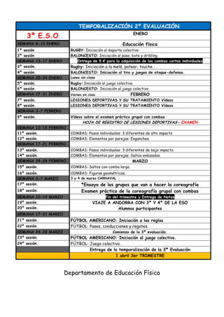 TEMPORALIZACIÓN 2º EVALUACIÓN
ENERO

3º E.S.O

Educación física

SEMANA 8-10 ENERO
1º sesión
2º sesión
SEMANA 13-17 ENERO
3º sesión.

RUGBY: Iniciación al deporte colectivo
BALONCESTO: Iniciación al pase, bote y dribling.
Entrega de 5 € para la adquisición de las combas cortas individuales

4º sesión.
SEMANA 20-24 ENERO
5º sesión.
6º sesión.
SEMANA 27-31 ENERO

BALONCESTO: Iniciación al tiro y juegos de ataque-defensa.

7º sesión.
8º sesión.
SEMANA 3-7 FEBRERO

LESIONES DEPORTIVAS Y SU TRATAMIENTO Vídeos
LESIONES DEPORTIVAS Y SU TRATAMIENTO Vídeos

9º sesión.

Vídeos sobre el examen práctico grupal con combas

Rugby: Iniciación a la melé, patear, touche… .
Lunes sin clase

Rugby: Iniciación al juego colectivo.
BALONCESTO: Iniciación al juego colectivo

FEBRERO

Viernes sin clase

HOJA DE REGISTRO DE LESIONES DEPORTIVAS- EXAMEN
SEMANA 10-15 FEBRERO
11º sesión.
12º sesión.
SEMANA 17-21 FEBRERO

COMBAS: Pasos individuales: 3 diferentes de alto impacto
COMBAS: Elementos por parejas: Enganches.

13º sesión.
14º sesión.
SEMANA 24-28 FEBRERO

COMBAS: Pasos individuales: 3 diferentes de bajo impacto
COMBAS: Elementos por parejas: Saltos enlazados.

15º sesión.

COMBAS: Saltos con comba larga.

16º sesión.
SEMANA 3-7 MARZO
17º sesión.

COMBAS: Figuras geométricas.

18º sesión.
SEMANA 10-14 MARZO
19º sesión.
20º sesión.

MARZO

3 y 4 de marzo CARNAVAL

*Ensayo de los grupos que van a hacer la coreografía
Examen práctico de la coreografía grupal con combas
Fin del trimestre y Entrega de Notas

VIAJE A ANDORRA CON 3º Y 4º DE LA ESO
Alumnos participantes

SEMANA 17-21 MARZO
21º sesión.
22º sesión.
SEMANA 24-28 MARZO
23º sesión.
24º sesión.

FÚTBOL AMERICANO: Iniciación a las reglas
FÚTBOL: Pases, conducciones y regates.
Comienzo de la 3ª evaluación.

FÚTBOL AMERICANO: Iniciación al juego colectivo.
FÚTBOL: Juego colectivo.
Entrega de la temporalización de la 3ª Evaluación
1 abril 3er TRIMESTRE

Departamento de Educación Física

 