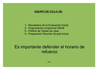 EQUIPO DOCENTE (II) 
ASUNTOS A TRATAR 
1.- Resultados de la Evaluación Inicial 
2.- Programación de las áreas 
3.- Tratamiento de las Competencias Básicas 
4.- Programa de Lectura del Primer Trimestre. 
5.- Coordinación de las Áreas de Lengua e Inglés 
6.- Organización programas NEAE 
7.- Programación de Tutoria – Transversales. 
7.- Programación de AACCEE 
8.- Política de Tareas de casa. 
5.- Preparación Reunión Grupal Inicial 
MMJ 
 