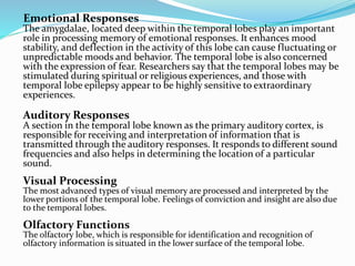 Emotional Responses
The amygdalae, located deep within the temporal lobes play an important
role in processing memory of emotional responses. It enhances mood
stability, and deflection in the activity of this lobe can cause fluctuating or
unpredictable moods and behavior. The temporal lobe is also concerned
with the expression of fear. Researchers say that the temporal lobes may be
stimulated during spiritual or religious experiences, and those with
temporal lobe epilepsy appear to be highly sensitive to extraordinary
experiences.
Auditory Responses
A section in the temporal lobe known as the primary auditory cortex, is
responsible for receiving and interpretation of information that is
transmitted through the auditory responses. It responds to different sound
frequencies and also helps in determining the location of a particular
sound.
Visual Processing
The most advanced types of visual memory are processed and interpreted by the
lower portions of the temporal lobe. Feelings of conviction and insight are also due
to the temporal lobes.
Olfactory Functions
The olfactory lobe, which is responsible for identification and recognition of
olfactory information is situated in the lower surface of the temporal lobe.
 