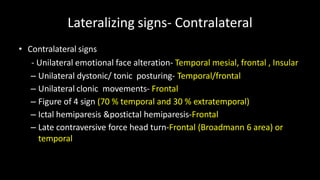 Lateralizing signs- Contralateral
• Contralateral signs
- Unilateral emotional face alteration- Temporal mesial, frontal , Insular
– Unilateral dystonic/ tonic posturing- Temporal/frontal
– Unilateral clonic movements- Frontal
– Figure of 4 sign (70 % temporal and 30 % extratemporal)
– Ictal hemiparesis &postictal hemiparesis-Frontal
– Late contraversive force head turn-Frontal (Broadmann 6 area) or
temporal
 