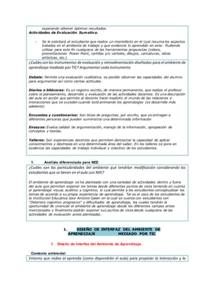 esperando obtener óptimos resultados.
Actividades de Evaluación Sumativa.
- Se le solicitará al estudiante que realice un mentefacto en el cual resuma los aspectos
tratados en el ambiente de trabajo y que evidencie lo aprendido en este. Pudiendo
utilizar para este fin cualquiera de las herramientas propuestas (videos,
presentaciones Power Point, cartillas y/o carteles, dibujos, caricaturas, obras
artísticas, etc.)
¿Cuálesson los instrumentos de evaluación y retroalimentación diseñadas para el ambiente de
aprendizaje mediado por TIC? Argumentar cada instrumento
Debate: Permite una evaluación cualitativa, es posible observar las capacidades del alumno
para argumentar así como ciertas actitudes.
Diarios o bitácoras: Es un registro escrito, de manera permanente, que realiza el profesor
sobre el planeamiento, desarrollo y evaluación de las actividades docentes. Es una descripción
del aula en acción que permite al docente hacer explícito el mundo de las relaciones e
interacciones que se suceden cuando está animando los aprendizajes (se desarrolla más
adelante)
Encuestas y cuestionarios: Son listas de preguntas, por escrito, que se entregan a
diferentes personas que pueden suministrar una determinada información
Ensayos: Evalúa calidad de argumentación, manejo de la información, apropiación de
conceptos y teorías.
Talleres: Son experiencias docentes que permiten demostrar la capacidad de aplicar
conocimientos y destrezas en una determinada área del saber. En los talleres se pone en
evidencia las capacidades de trabajo individual y colectivo de los estudiantes.
1. Análisis diferenciado para NEE
¿Cuáles son las particularidades del ambiente que tendrían modificación considerando los
estudiantes que se tienen en el aula con NEE?
El ambiente de aprendizaje se ha planteado con una variedad de actividades dentro y fuera
del aula que permiten exponer los temas desde diferentes puntos de vista teniendo en cuenta
el aprendizaje visual, auditivo y cognitivo, lo cual permite a los estudiantes conceptualizar los
temas de acuerdo a su propia experiencia de aprendizaje. Tal es el caso de los estudiantes de
la Institucion Educativa Jose Antonio Galan en la cual se cuenta con estudiantes con
“Deterioro cognitivo progresivo” y dificultades de aprendizaje, los cuales tendrán la
oportunidad de vivenciar el ambiente de aprendizaje desde los diferentes campos antes
mencionados y finalmente podrán exponer sus puntos de vista desde cualquiera de las
actividades de evaluación antes planteadas.
1. DISEÑO DE INTERFAZ DEL AMBIENTE DE
APRENDIZAJE MEDIADO POR TIC
1. Diseño de Interfaz del Ambiente de Aprendizaje
Contexto ambiental
Entorno que rodea al aprendiz (como dispondrán el aula) para propiciar la interacción y la
 