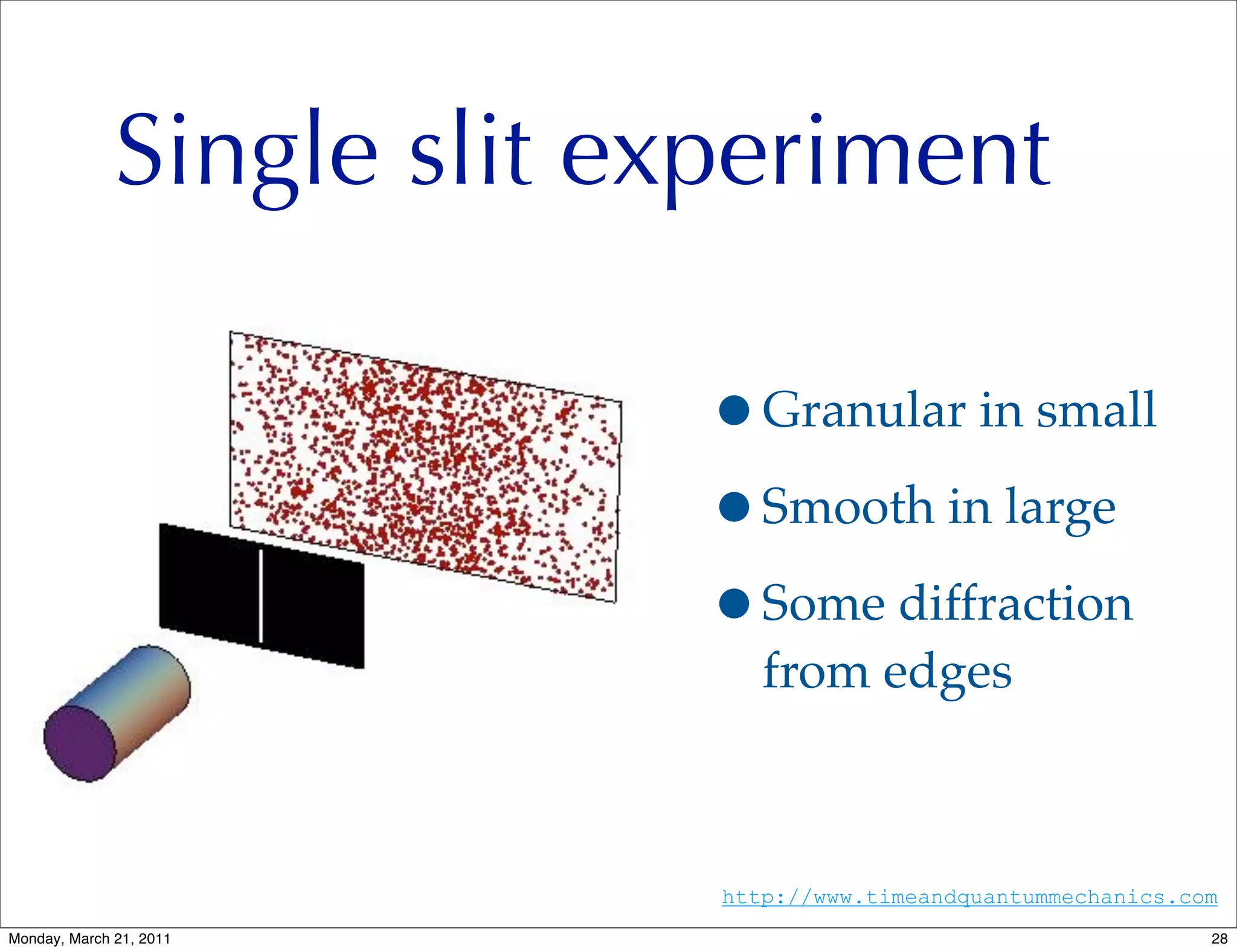 Single slit experiment

                                         •Granular in small
                                         •Smooth in large
                                         •Some diffraction
                                            from edges



Temporal Paradoxes - John Ashmead        http://www.timeandquantummechanics.com
                                    28
Monday, March 21, 2011                                                        28
 
