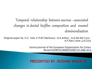 Original paper by: G.C. Vale; C.P.M.Tabchoury ; R.A.Arthur ; A.A.Del Bel Cury ;
A.F.Paes Leme ;J.A.Cury
Source:Journal of the European Organization for Caries
Research(ORCA),MARCH2007;41:406-412
PRESENTED BY :ROSHNI MAURYA
 