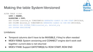 Making the table System-Versioned
ALTER TABLE ticket
LOCK = SHARED,
ALGORITHM = COPY,
ADD COLUMN inserted_at TIMESTAMP(6) ...