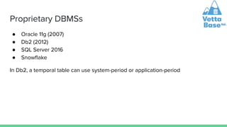 Proprietary DBMSs
● Oracle 11g (2007)
● Db2 (2012)
● SQL Server 2016
● Snowﬂake
In Db2, a temporal table can use system-pe...