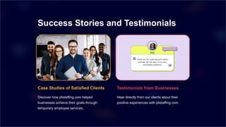 Success Stories and Testimonials
Case Studies of Satisfied Clients
Discover how plistaffing.com helped
businesses achieve their goals through
temporary employee services.
Testimonials from Businesses
Hear directly from our clients about their
positive experiences with plistaffing.com.
 