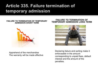 FAILURE TO TERMINATION OF TEMPORARY
ADMISSION SHORT TERM
Apprehend of the merchandise
The warranty will be made effective
FAILURE TO TERMINATION OF
TEMPORARY ADMISSION LONG TERM
Declaring failure and sorting make it
enforceable in the amount
corresponding to unpaid fees, default
interest and the amount of the
penalties.
 