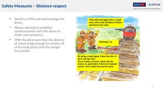 • Stand in a POS and acknowledge the
driver,
• Always attempt to establish
communication with the driver to
notify your presence.
• CPW should ensure that the place(s)
of safety is big enough to contain all
of his work party until the danger
has passed.
14
Safety Measures – Distance respect
 