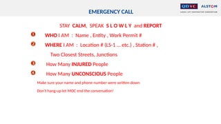 EMERGENCY CALL
STAY CALM, SPEAK S L O W L Y and REPORT
 WHO I AM : Name , Entity , Work Permit #
 WHERE I AM : Location # (LS-1 … etc.) , Station # ,
Two Closest Streets, Junctions
 How Many INJURED People
 How Many UNCONSCIOUS People
Make sure your name and phone number were written down
Don’t hang-up let MOC end the conversation!
 