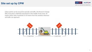 78
Site set up by CPW
Unless points can be secured to exclude rail traffic, the Person In Charge
(PIC) must place a Worksite Stop Board in the middle of the track, 50
meters either side of worksite or 50 meters from the worksite wherever
rail traffic can approach
 