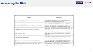 81
Assessing the Risk
Hazard Controls
Struck by Track Machines or other rail vehicles
Planned Safe System of Work, protected worksite,
competent authorised person, training,
Derailment of Track Machines and other rail vehicles
Track is checked before handing back, points are
operated by competent persons, tools, equipment and
materials are removed from the track, speed limit
Track Machines struck by plant and equipment
TPAP, PAP, all clear of the line before rail vehicles are
allowed to pass
Slips trips and falls
Keep clear of pits and trenches, stay on track slab,
wear safety boots, do not step on rails or points or
turnouts.
Plant, vehicles, equipment
Competent operators, inspected before use, keep
clear, avoid crush areas, banksmen
Weather (heat illnesses –dust storm, winds etc)
Drink plenty of water, take regular breaks, stop work in
inclement weather, eye protection, dusk masks
Medical emergencies (snakes/inspect bites, illness,
sickness etc)
First aider, first aid kit, location of nearest hospital,
emergency contact arrangements
 