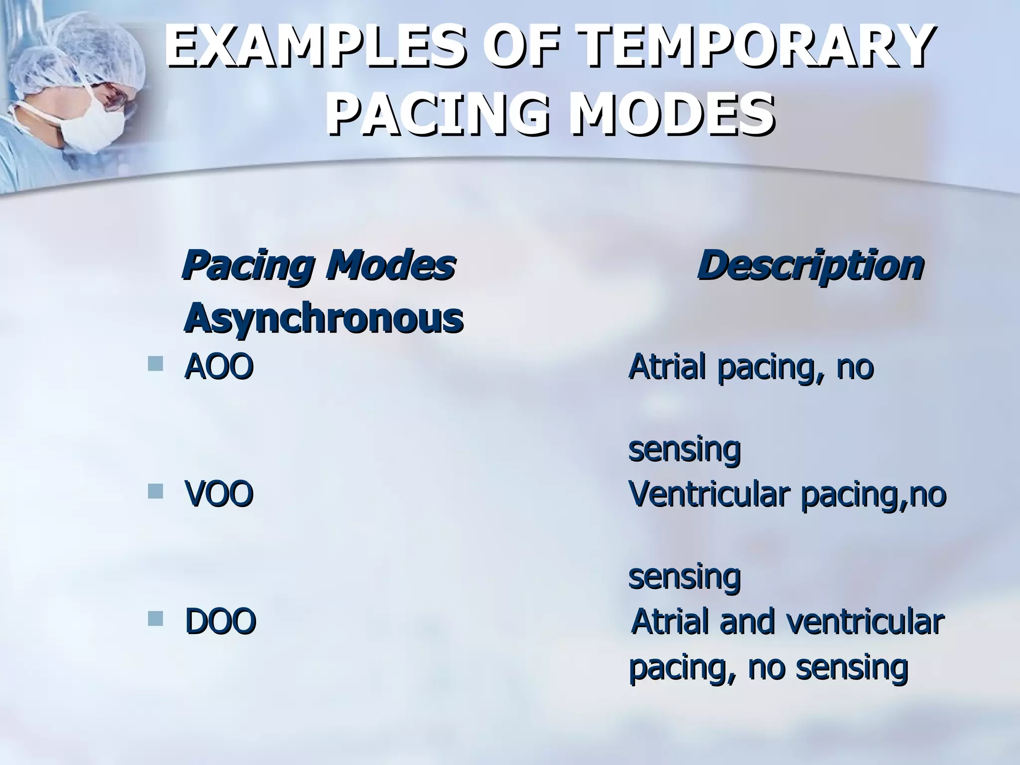 EXAMPLES OF TEMPORARY PACING MODES Pacing Modes  Description Asynchronous AOO  Atrial pacing, no  sensing VOO  Ventricular pacing,no  sensing DOO  Atrial and ventricular pacing, no sensing  