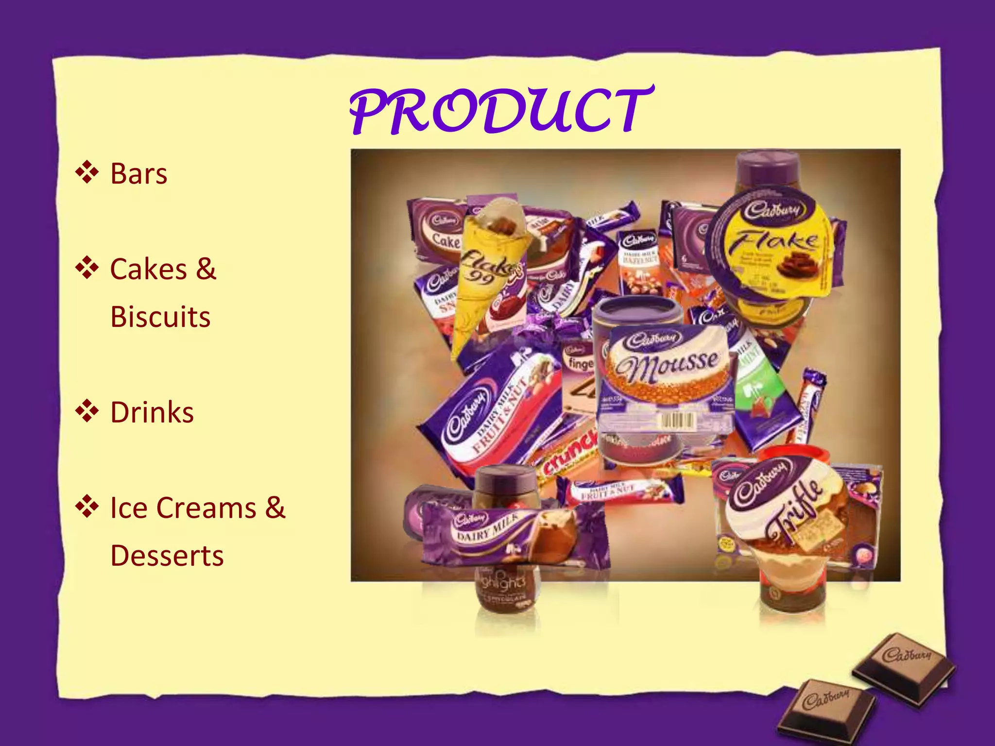 PRODUCT
 Bars
 Cakes &
Biscuits
 Drinks
 Ice Creams &
Desserts
 