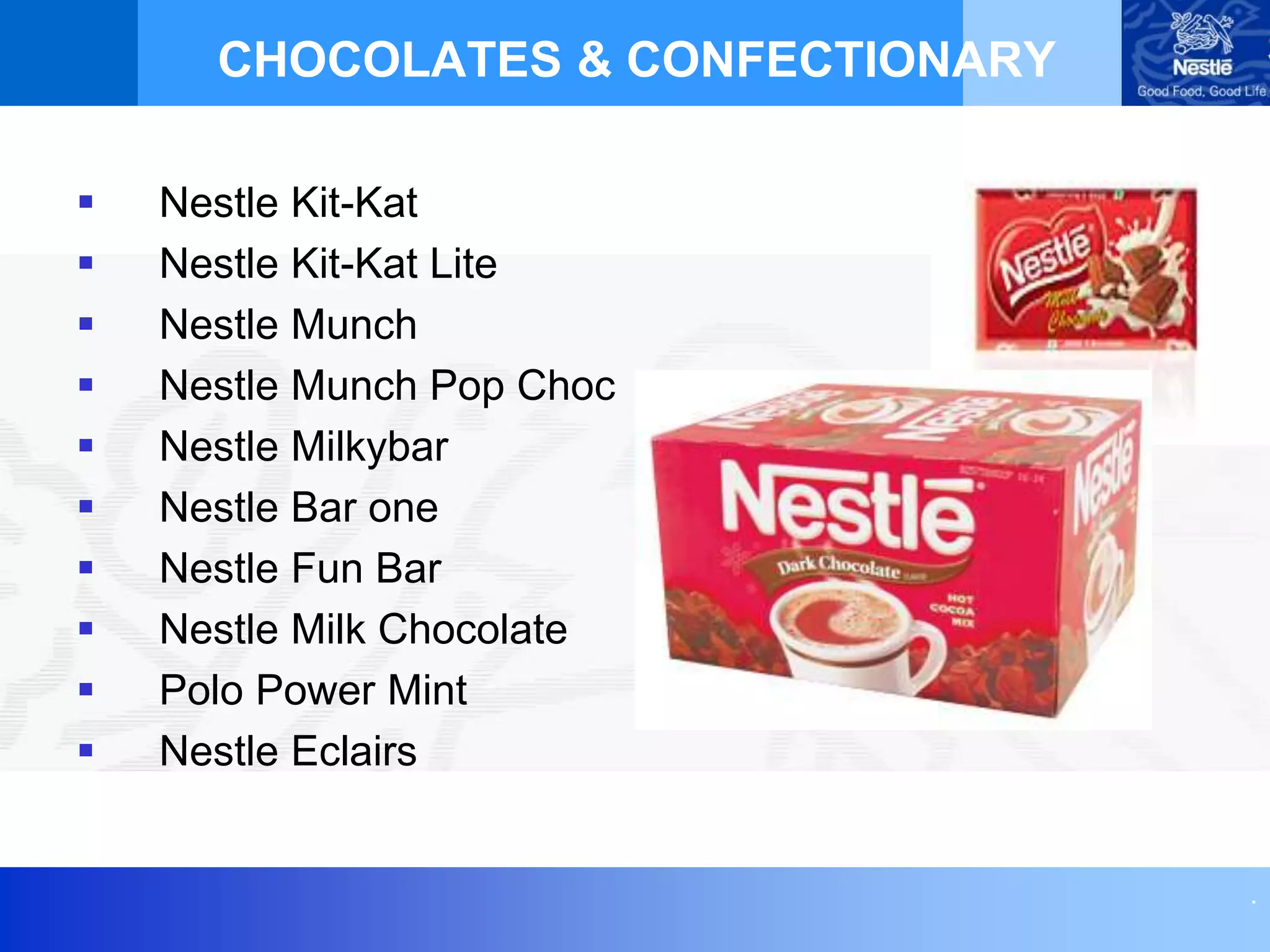 .
CHOCOLATES & CONFECTIONARY
 Nestle Kit-Kat
 Nestle Kit-Kat Lite
 Nestle Munch
 Nestle Munch Pop Choc
 Nestle Milkybar
 Nestle Bar one
 Nestle Fun Bar
 Nestle Milk Chocolate
 Polo Power Mint
 Nestle Eclairs
 