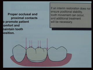 Proper occlusal and
       proximal contacts
to promote patient
comfort and
maintain tooth
position.
 