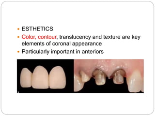  ESTHETICS
 Color, contour, translucency and texture are key
elements of coronal appearance
 Particularly important in anteriors
 