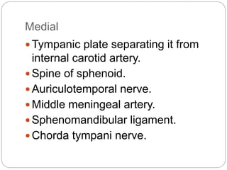 Medial
 Tympanic plate separating it from
internal carotid artery.
 Spine of sphenoid.
 Auriculotemporal nerve.
 Middle meningeal artery.
 Sphenomandibular ligament.
 Chorda tympani nerve.
 