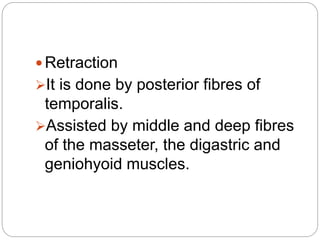  Retraction
It is done by posterior fibres of
temporalis.
Assisted by middle and deep fibres
of the masseter, the digastric and
geniohyoid muscles.
 