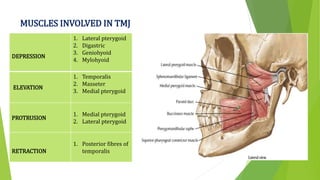 MUSCLES INVOLVED IN TMJ
DEPRESSION
1. Lateral pterygoid
2. Digastric
3. Geniohyoid
4. Mylohyoid
ELEVATION
1. Temporalis
2. Masseter
3. Medial pterygoid
PROTRUSION
1. Medial pterygoid
2. Lateral pterygoid
RETRACTION
1. Posterior fibres of
temporalis
 