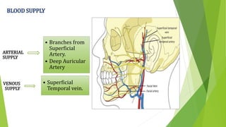 BLOOD SUPPLY
ARTERIAL
SUPPLY
• Branches from
Superficial
Artery.
• Deep Auricular
Artery
VENOUS
SUPPLY
• Superficial
Temporal vein.
 
