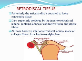 RETRODISCAL TISSUE
Posteriorly, the articular disc is attached to loose
connective tissue.
Disc- superiorly bordered by the superior retrodiscal
lamina, contains lamina of connective tissue and elastic
fibers.
At lower border is inferior retrodiscal lamina, made of
collagen fibers. Attached to condylar facet.
 