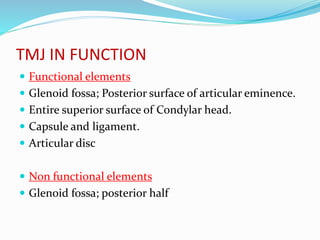 TMJ IN FUNCTION
 Functional elements
 Glenoid fossa; Posterior surface of articular eminence.
 Entire superior surface of Condylar head.
 Capsule and ligament.
 Articular disc
 Non functional elements
 Glenoid fossa; posterior half
 