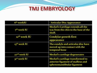 6th weekIU - Articular Disc Appearance.
7th week IU
Meckel’s Cartilage extends all the
way from the chin to the base of the
skull.
12th week IU Condylar growth first
appearance
13th week IU The condyle and articular disc have
moved up into contact with the
temporal bone.
22nd week IU Meckel’s cartilage degenerates
31st week IU Meckel’s cartilage transformed to
anterior ligament of malleus and
sphenomandibular ligament.
 