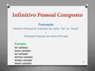 Formação
Infinitivo Pessoal do Indicativo do verbo “Ter” ou “Haver”
                             +
           Particípio Passado do Verbo Principal

 Exemplo:
 ter cantado
 teres cantado
 ter cantado
 termos cantado
 terdes cantado
                                                             11
 terem cantado
 