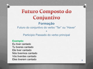 Formação
   Futuro do conjuntivo do verbo "Ter” ou “Haver”
                         +
       Particípio Passado do verbo principal

Exemplo:
Eu tiver cantado
Tu tiveres cantado
Ele tiver cantado
Nós tivermos cantado
Vós tiverdes cantado
Eles tiverem cantado                                8
 