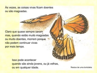 Restos de uma borboleta
Às vezes, as coisas vivas ficam doentes
ou são magoadas.
Claro que quase sempre saram
mas, quando estão muito magoadas
ou muito doentes, morrem porque
não podem continuar vivas
por mais tempo.
Isso pode acontecer
quando são ainda jovens, ou já velhas,
ou em qualquer idade.
 